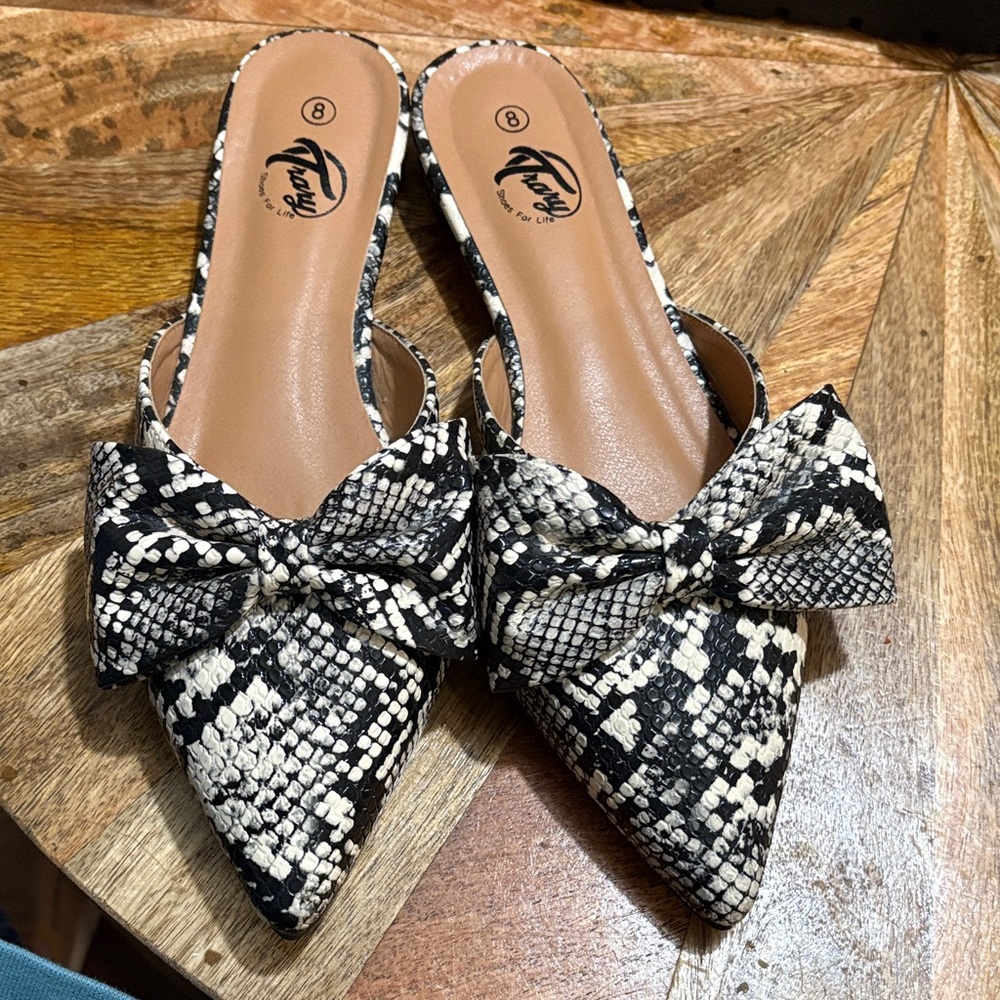 Trary Black and White Snake Print Mules with Bow